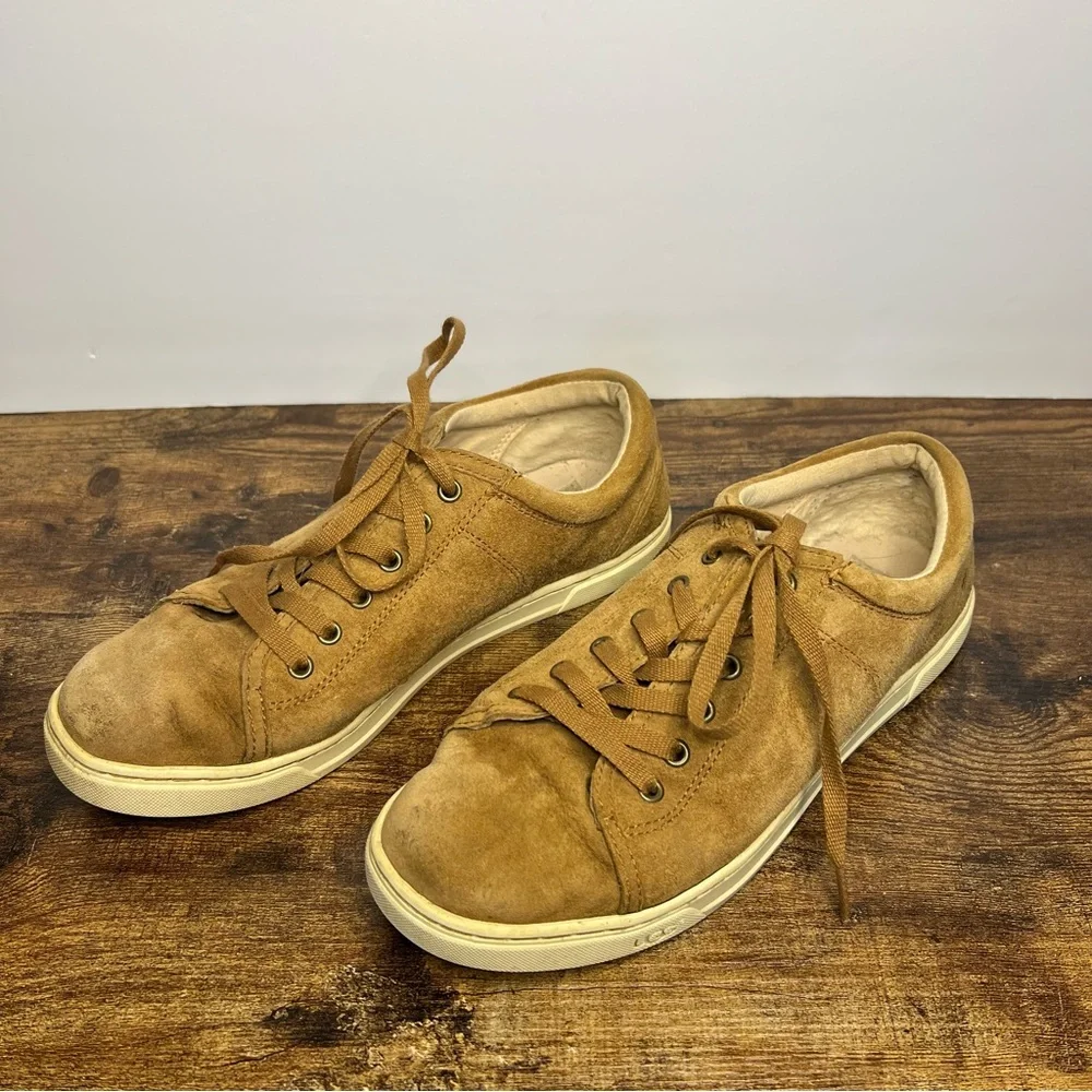 Ugg Brown Tan Suede Leather Sneakers tennis shoes lace up women's 9.5